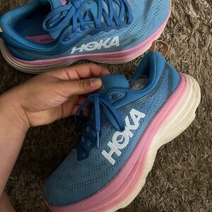 Hoka Women's Blue Running Shoes with Pink Midsole and Orange Heel Tabs